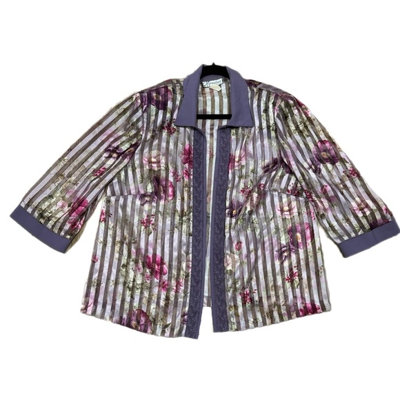 Vintage 90s DRESS BARN WOMAN Organza Rose Open Front Sheer Jacket Sz 14 L/XL - Picture 6 of 9